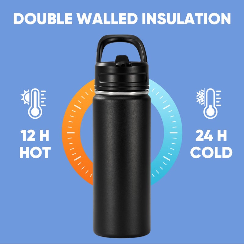 Fijinhom 18oz Insulated Stainless Steel Water Bottle with Straws, Double Wall Vacuum Insulated Bottles, Metal Thermo for Travel, Sports, Leak-Proof, BPA Free, Women & Men, Black - Image 5