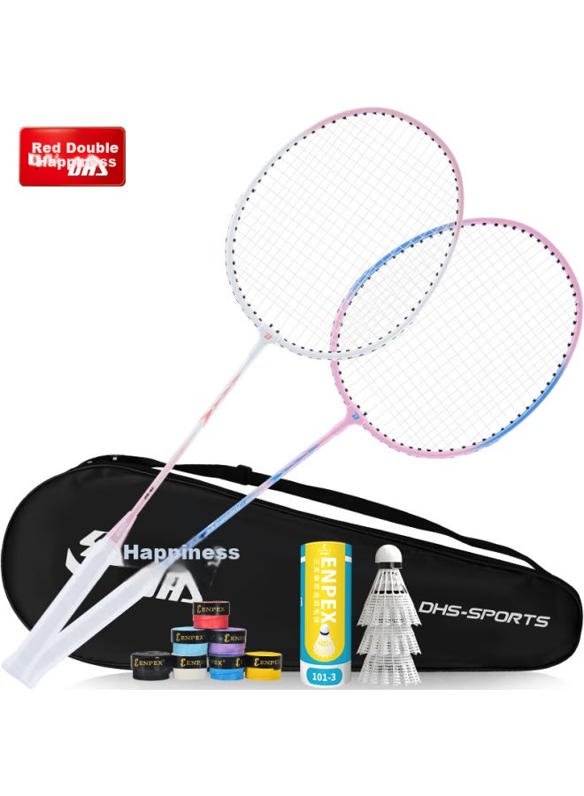 Dhs (Double Happiness) Badminton Racket Js02 Upgrade Version With Deep Groove Competition Design, Colorful Racket Set With 3 Shuttlecocks And Grip