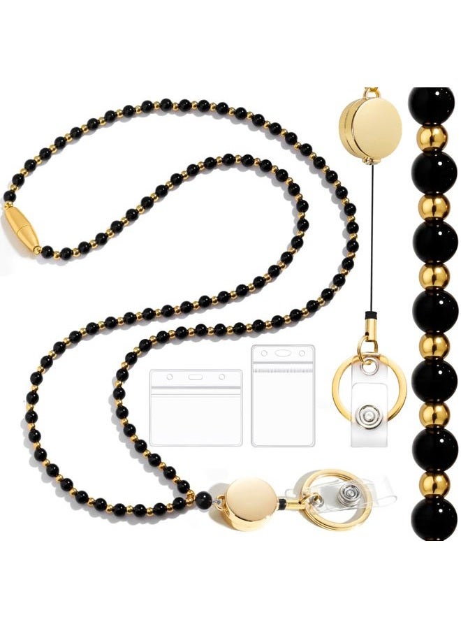 Toykee Lanyards with ID Badges Holder for Teachers Keys Card - Black and Gold Women Breakaway Retractable Beaded Necklace Break Away Lanyard with Holder for Name Tag Cruise Ship - Image 1