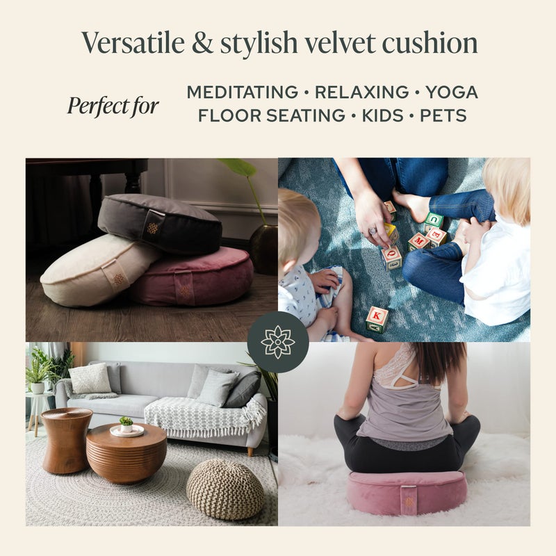 Mindful Modern Velvet Meditation Cushion | Luxe Zafu Yoga Floor Pillow Seat | Posture Support | Buckwheat Hull Filled | Large Round Cushion with Removable Washable Cover + Carry Handle | Color Pink - Image 3