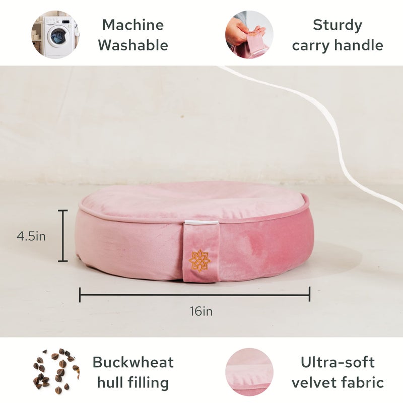 Mindful Modern Velvet Meditation Cushion | Luxe Zafu Yoga Floor Pillow Seat | Posture Support | Buckwheat Hull Filled | Large Round Cushion with Removable Washable Cover + Carry Handle | Color Pink - Image 5