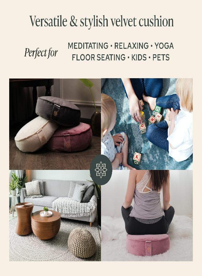 Mindful Modern Mindful & Modern Velvet Meditation Cushion | Luxe Zafu Yoga Floor Pillow Seat | Posture Support | Buckwheat Hull Filled | Large Round Cushion with Removable Washable Cover + Carry Handle | Color Pink - Image 3