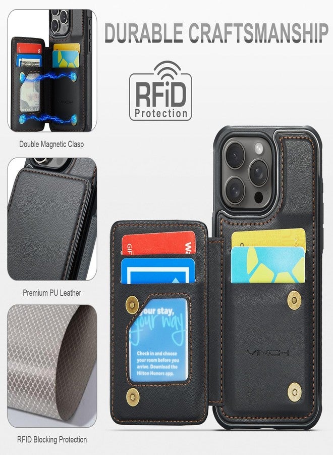 Vinich for iPhone 16 Pro 6.3" Wallet Case with Card Holder, RFID Blocking Credit Slots Kickstand Shockproof Phone Cover for Women Men, Black - Image 5