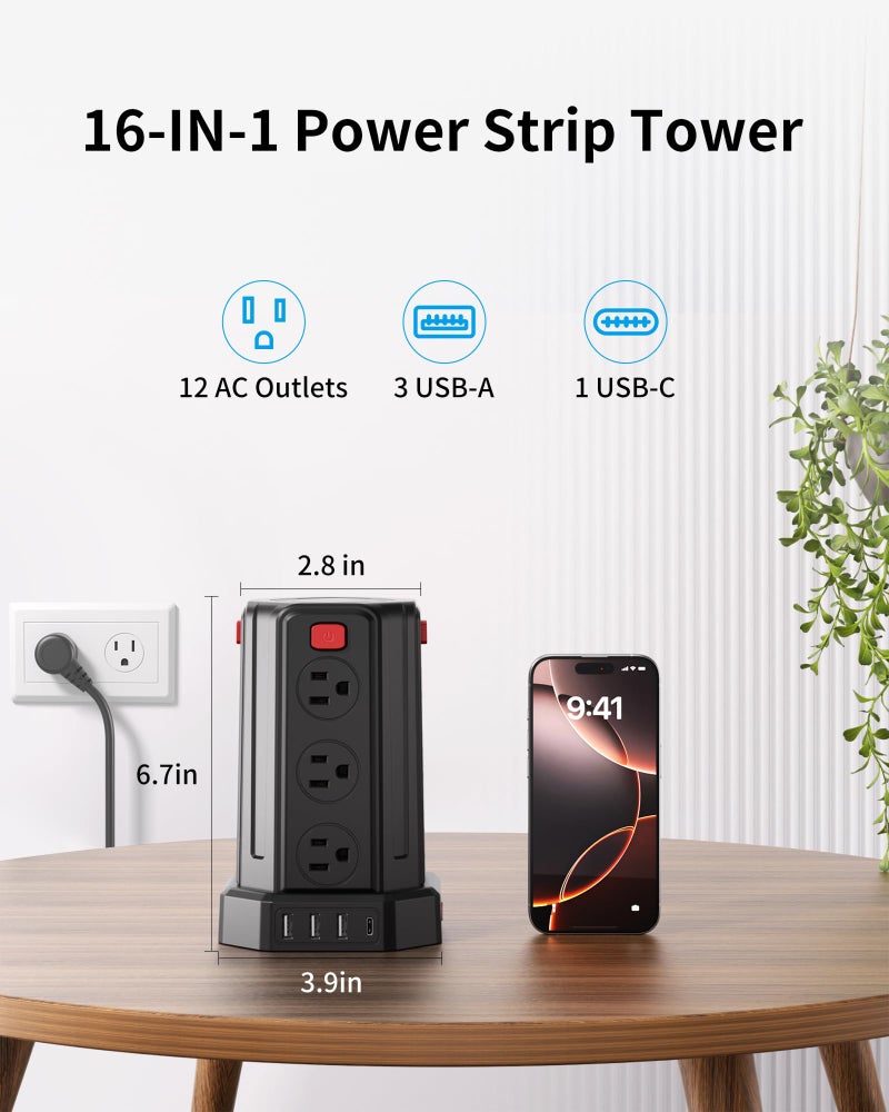 SMALLRT Power Strip Surge Protector, 6.5 Ft Extension Cord with 12 AC Multiple Outlets 4 USB (1 USB C), SMALLRT Power Tower Desktop Charging Station (Black, 6.5 Ft) - Image 2