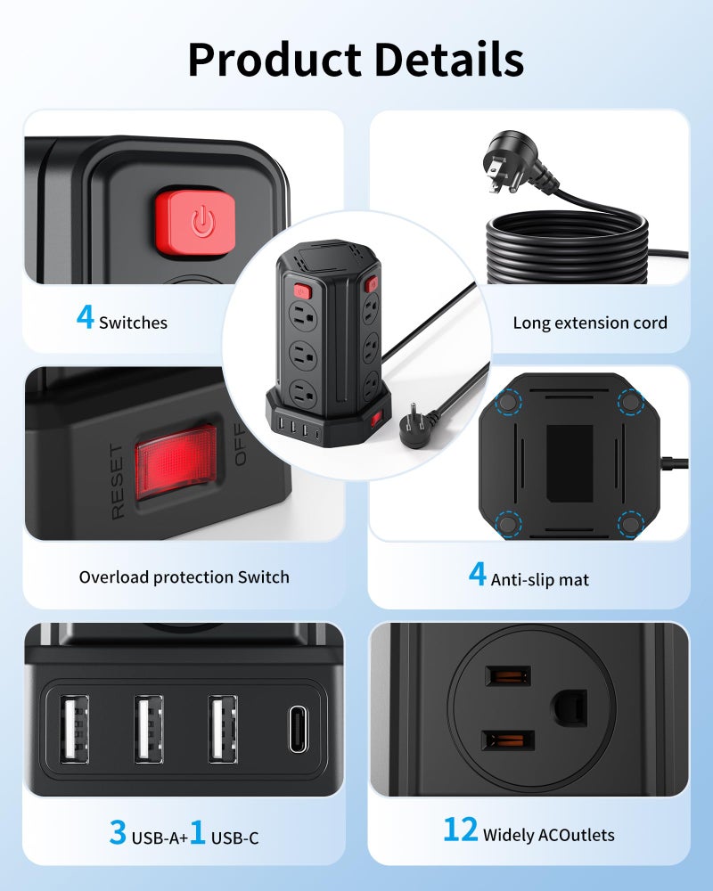 SMALLRT Power Strip Surge Protector, 6.5 Ft Extension Cord with 12 AC Multiple Outlets 4 USB (1 USB C), SMALLRT Power Tower Desktop Charging Station (Black, 6.5 Ft) - Image 4