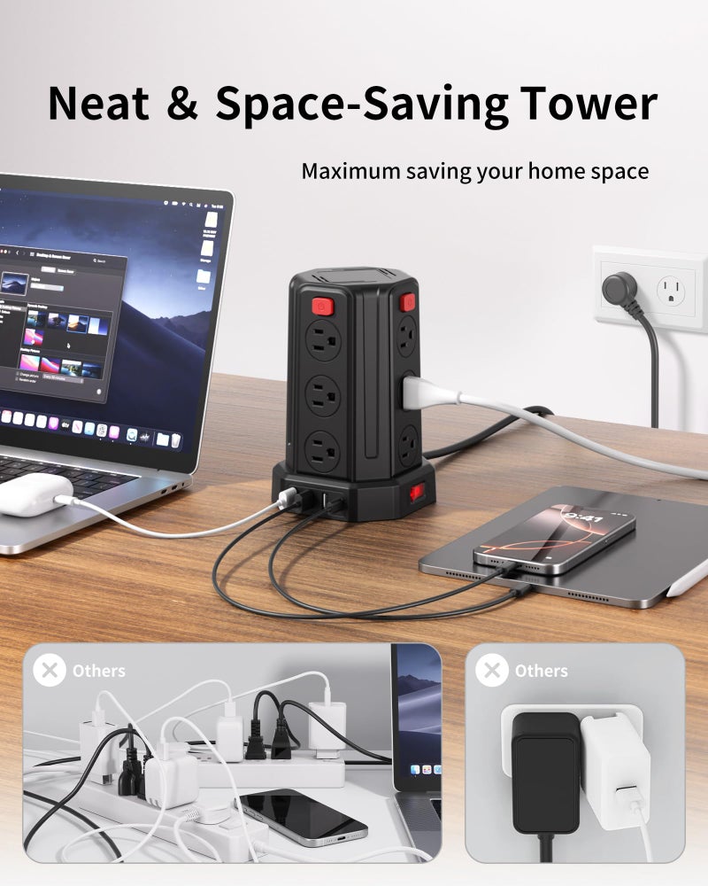 SMALLRT Power Strip Surge Protector, 6.5 Ft Extension Cord with 12 AC Multiple Outlets 4 USB (1 USB C), SMALLRT Power Tower Desktop Charging Station (Black, 6.5 Ft) - Image 5