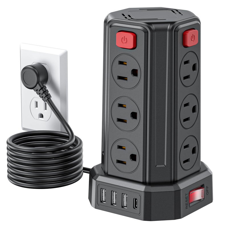 SMALLRT Power Strip Surge Protector, 6.5 Ft Extension Cord with 12 AC Multiple Outlets 4 USB (1 USB C), SMALLRT Power Tower Desktop Charging Station (Black, 6.5 Ft) - Image 1