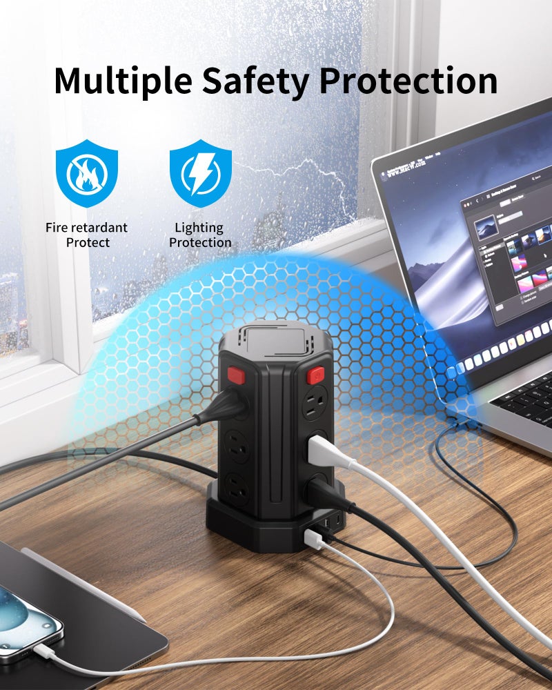 SMALLRT Power Strip Surge Protector, 6.5 Ft Extension Cord with 12 AC Multiple Outlets 4 USB (1 USB C), SMALLRT Power Tower Desktop Charging Station (Black, 6.5 Ft) - Image 3
