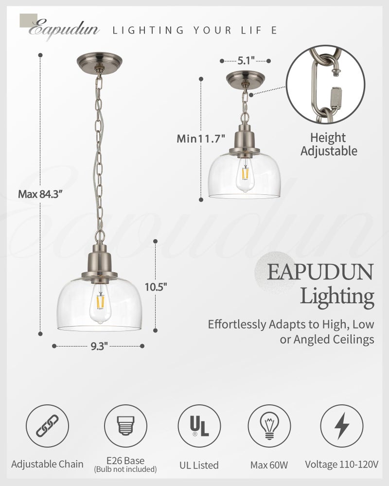 EAPUDUN Modern Farmhouse Pendant Light, 1-Light Industrial Hanging Light Fixture 9.3-inch, Brushed Nickel Finish with Clear Glass Shade, PDA1127-BNK - Image 3