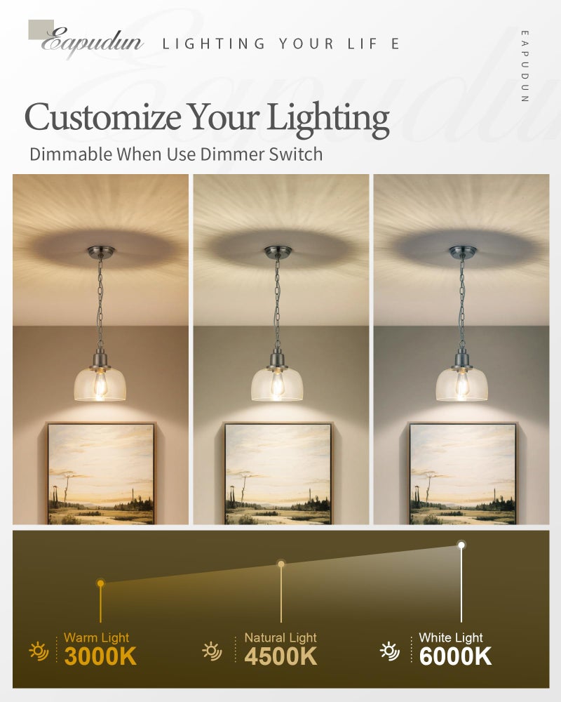 EAPUDUN Modern Farmhouse Pendant Light, 1-Light Industrial Hanging Light Fixture 9.3-inch, Brushed Nickel Finish with Clear Glass Shade, PDA1127-BNK - Image 5