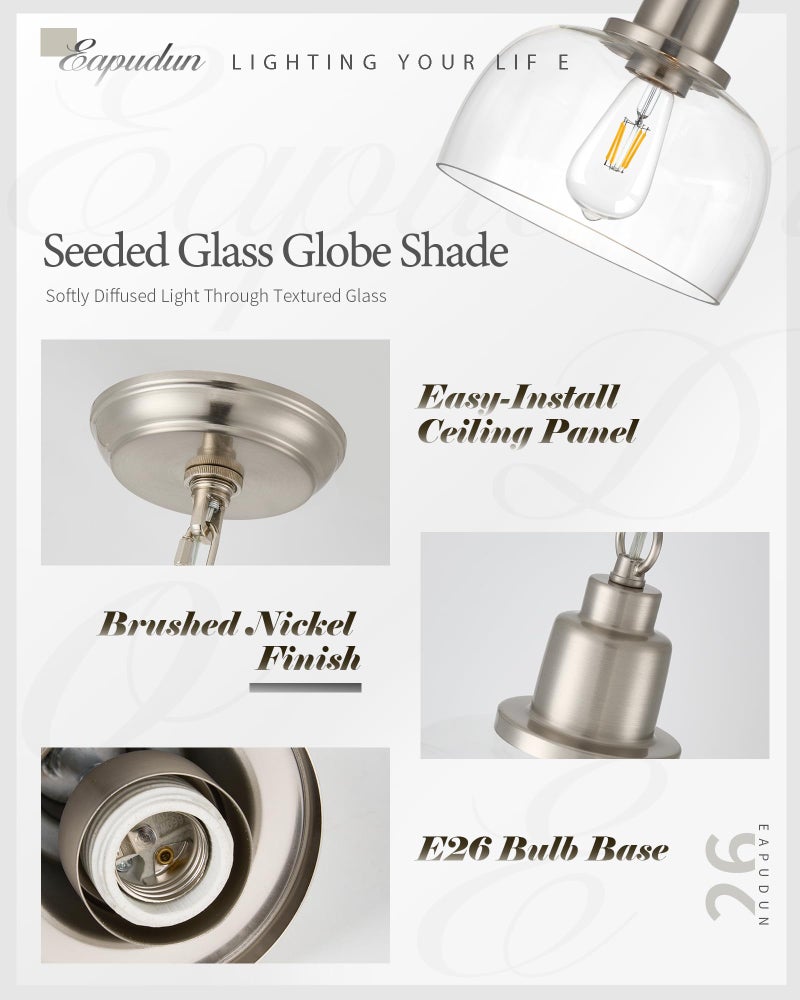 EAPUDUN Modern Farmhouse Pendant Light, 1-Light Industrial Hanging Light Fixture 9.3-inch, Brushed Nickel Finish with Clear Glass Shade, PDA1127-BNK - Image 4