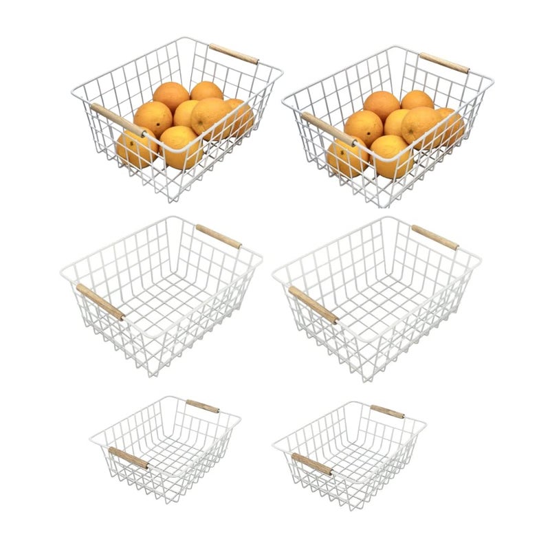 Evelots Wire Storage Baskets with Wood HandlesPack of 6Kitchen Cabinet Pantry Shelf Organization or Bathroom Metal BasketRefrigeratorFreezer Organizer BinsWhite