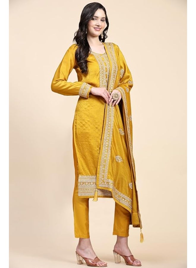 TRENDMALLS طقم بدلة نسائية من الحرير المطرز من فيتشيترا للنساء، يتكون من سروال وبنطال وشال، لون أصفر. - Image 2