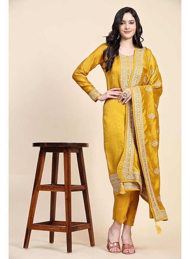 TRENDMALLS طقم بدلة نسائية من الحرير المطرز من فيتشيترا للنساء، يتكون من سروال وبنطال وشال، لون أصفر. - Image 3