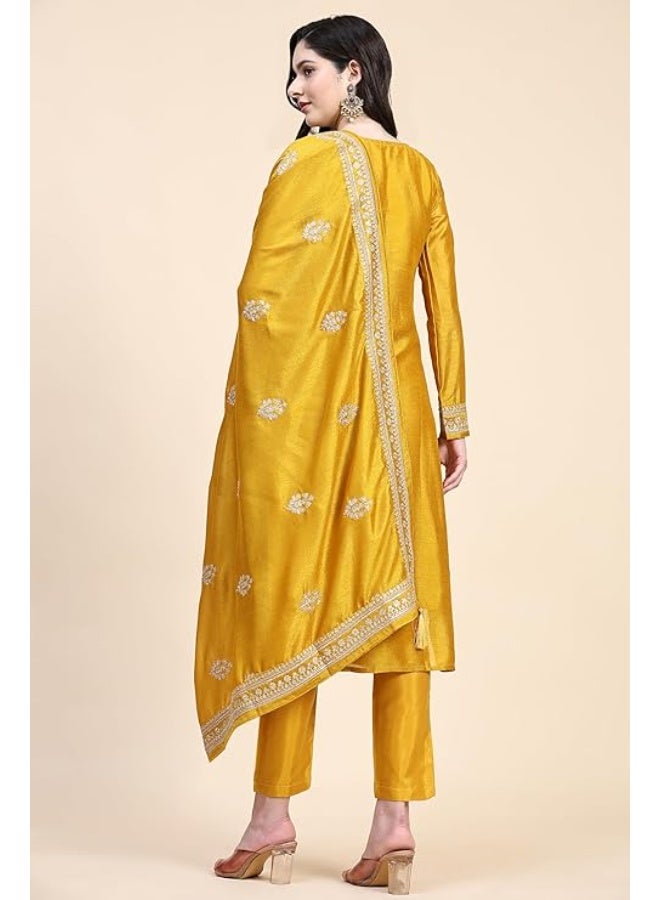 TRENDMALLS طقم بدلة نسائية من الحرير المطرز من فيتشيترا للنساء، يتكون من سروال وبنطال وشال، لون أصفر. - Image 4