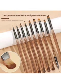 Rozino 9pc UV Gel Nail Brush Set, Nail Art Acrylic Painting Brushes With Pointed Tips, Transparent Coffee Color, For Nail Design And Detailing  - Image 1