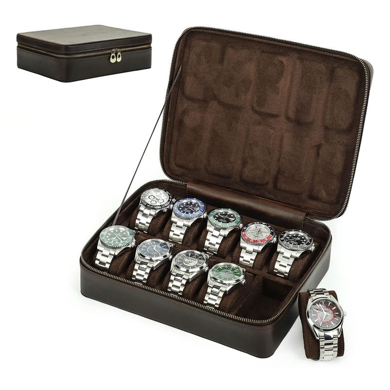 Contacts 10 Watch Case Leather Travel Watch Box Crazy Horse Leather Zipper Watch Roll Organizer for Men Watch Display Protector Pouch Watch Collector