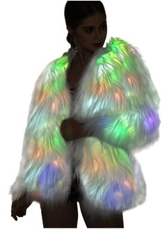 LED Fur Coat for Women Rainbow Neon Rave Fluffy 80s Dance Coat Sparkly Light Up Jacket White Furry Rave Costume Costumes Dance Coat Burning man Outfit Light Up Clothing Accessories L