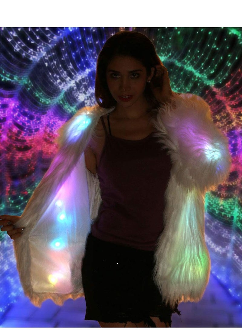 SYOSI - LED Fur Coat for Women Rainbow Neon Rave Fluffy 80s Dance Coat Sparkly Light Up Jacket White Furry Rave Costume Costumes Dance Coat Burning man Outfit Light Up Clothing Accessories L - Image 1