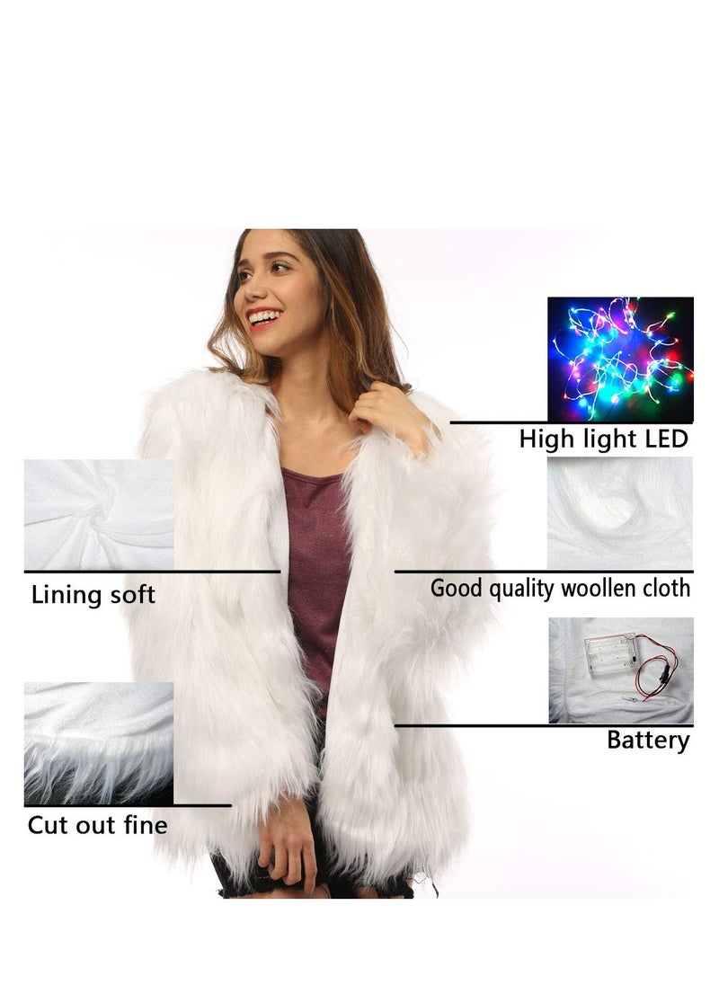 SYOSI - LED Fur Coat for Women Rainbow Neon Rave Fluffy 80s Dance Coat Sparkly Light Up Jacket White Furry Rave Costume Costumes Dance Coat Burning man Outfit Light Up Clothing Accessories L - Image 1