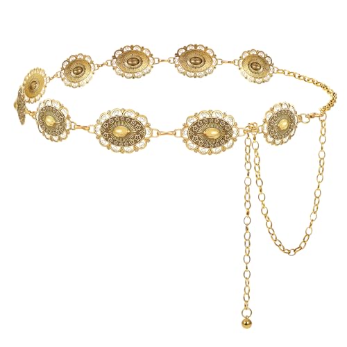LEACOOLKEY Western Metal Concho Belt for Women Cowgirl Boho Waist Chain Belt for Dresses Jeans Pants Gold - Image 1