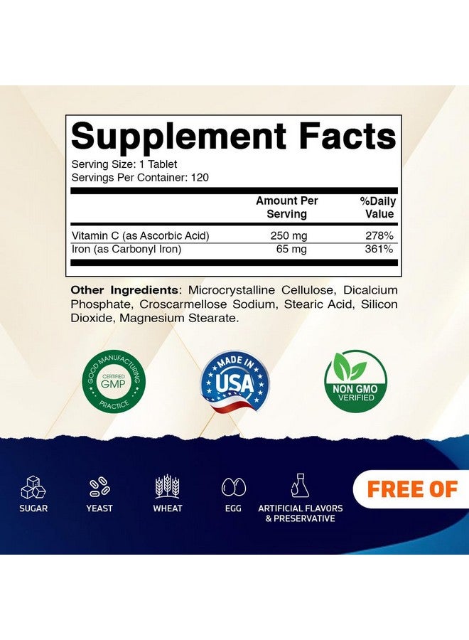 Vitamatic Carbonyl Iron 65 mg with Vitamin C - Gentle Iron Supplement for Energy & Immune Support - High Absorption - 120 Tablets - Image 2