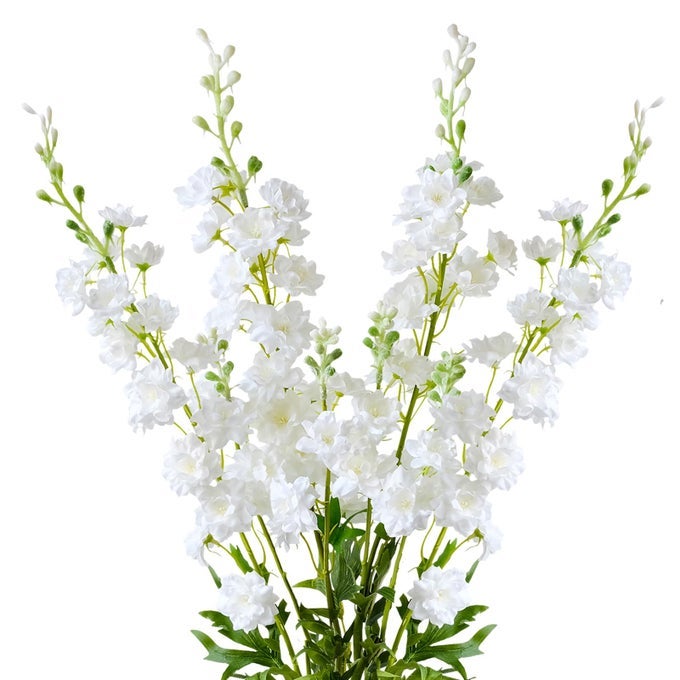 4PCS 335 WHITE DELPHINIUM ARTIFICIAL FLOWER FAUX LARKSPUR LONG STEM FAKE FLORAL SILK BOUQUETS PLANT FOR TALL FLOOR VASE SPRING HOME KITCHEN WEDDING OUTDOOR INDOOR DECORATION