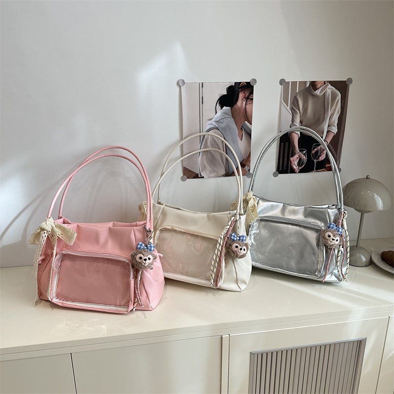 Women's Shopper Tote Bag with Bear Scarf Pendant - Image 4