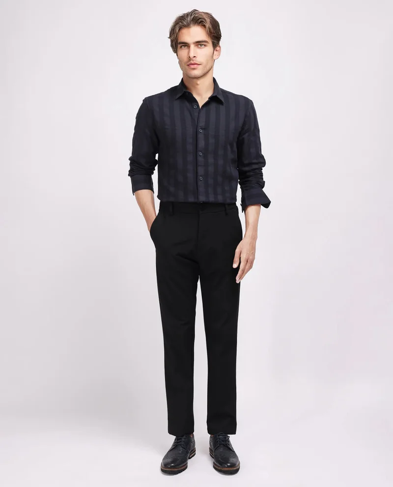 Rare Rabbit Rare Rabbit Men's Dobbiz Black Cotton Fabric Full Sleeve Collared Neck Button Closure Stripe Shirt