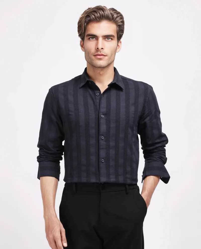 Rare Rabbit Rare Rabbit Men's Dobbiz Black Cotton Fabric Full Sleeve Collared Neck Button Closure Stripe Shirt