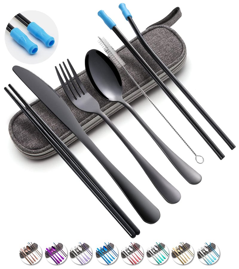 Travel Utensils Set with Case Reusable Portable Cutlery Set Stainless Steel 8pcs Including Dinner Knife Fork Spoon Chopsticks strawsBlack