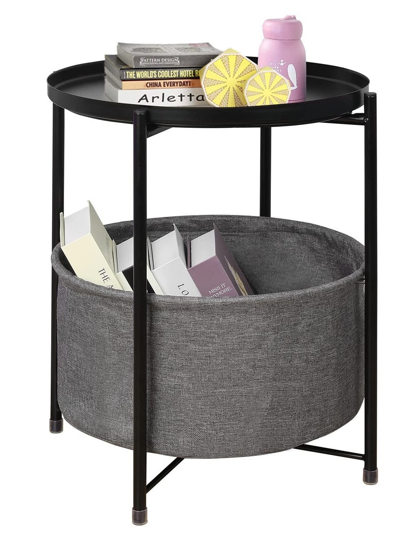 MIXDE - Folding End Table 2-Tier Metal Round Side Table with Removable Tray for Living Room - Image 1