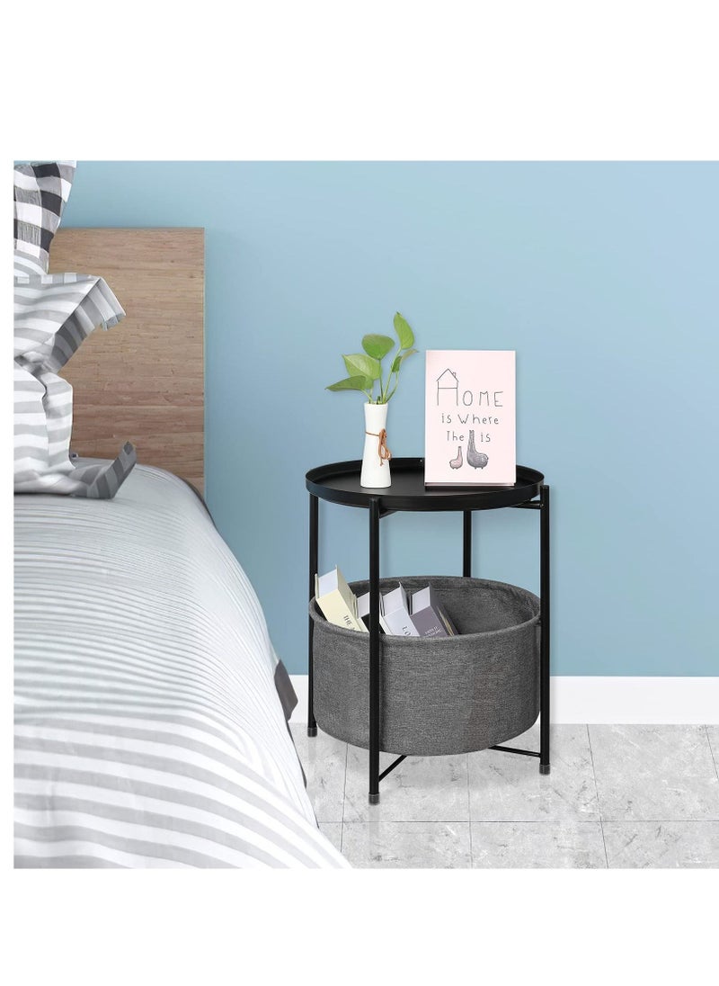 MIXDE - Folding End Table 2-Tier Metal Round Side Table with Removable Tray for Living Room - Image 1