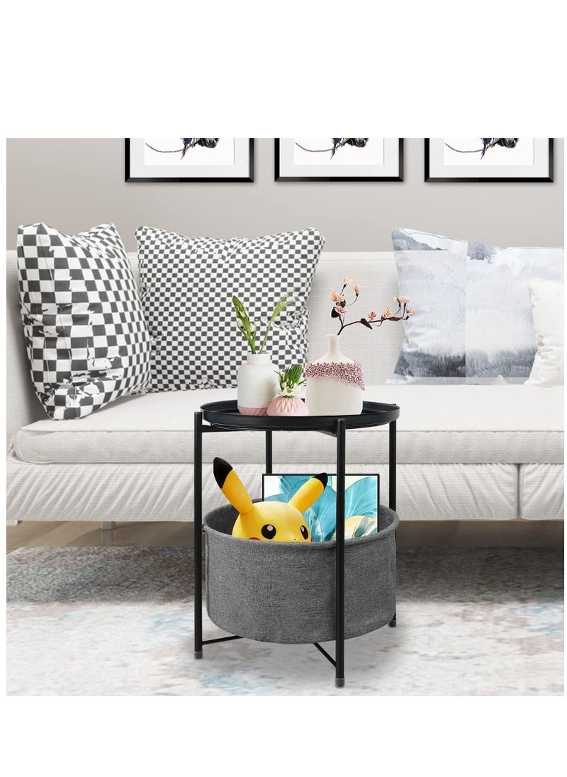 MIXDE - Folding End Table 2-Tier Metal Round Side Table with Removable Tray for Living Room - Image 1