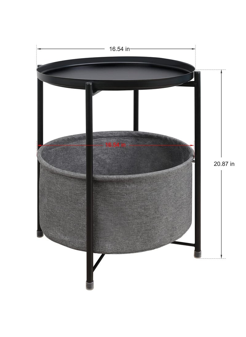 MIXDE - Folding End Table 2-Tier Metal Round Side Table with Removable Tray for Living Room - Image 1