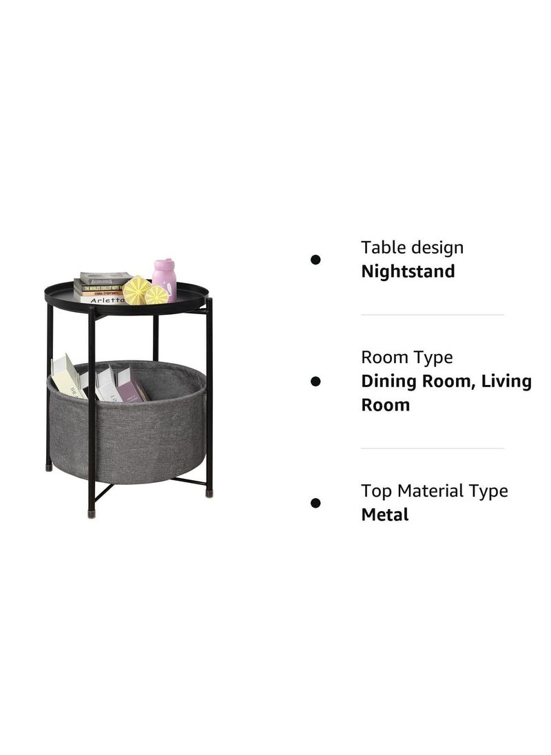 MIXDE - Folding End Table 2-Tier Metal Round Side Table with Removable Tray for Living Room - Image 1