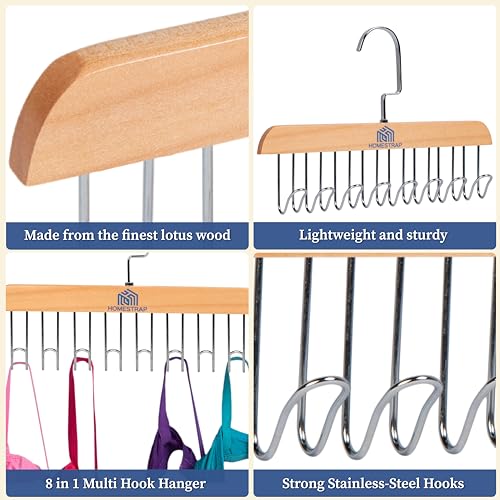 Homestrap Multi Hook Hanger (Pack of 2)| 8-in-1 Lotus Wood Tie and Belt Hanger, Space-Saving, Lightweight and Sturdy - Image 3