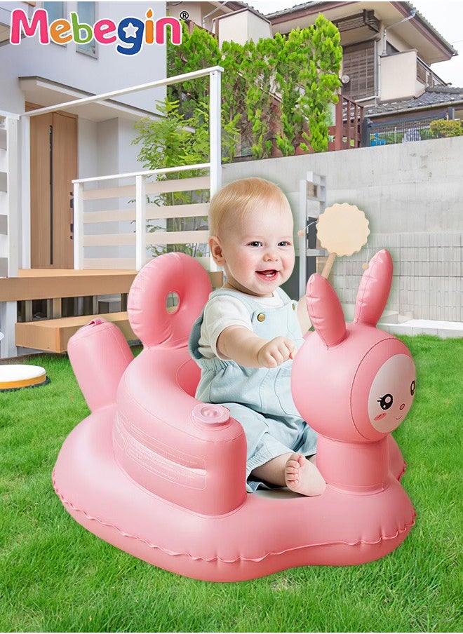 MEBEGIN Inflatable Baby Seat with Drum-shaped Rattle, Durable Baby Feeding Chair with Bunny Pattern and Wrap-around Design, Blow Up Baby Chair with Built in Air Pump, Multi-functional Infant Floor Seats for Sitting Up, Feeding, Camping or Bathing  - Image 2
