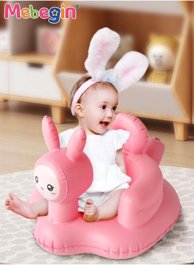 Inflatable Baby Seat with Drum-shaped Rattle, Durable Baby Feeding Chair with Bunny Pattern and Wrap-around Design, Blow Up Baby Chair with Built in Air Pump, Multi-functional Infant Floor Seats for Sitting Up, Feeding, Camping or Bathing