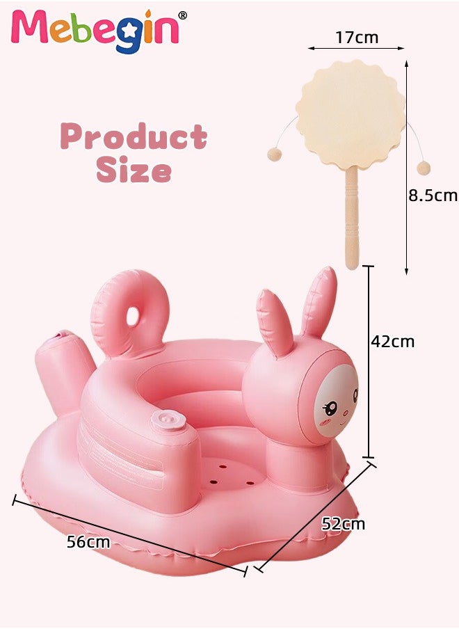Inflatable Baby Seat with Drum-shaped Rattle, Durable Baby Feeding Chair with Bunny Pattern and Wrap-around Design, Blow Up Baby Chair with Built in Air Pump, Multi-functional Infant Floor Seats for Sitting Up, Feeding, Camping or Bathing
