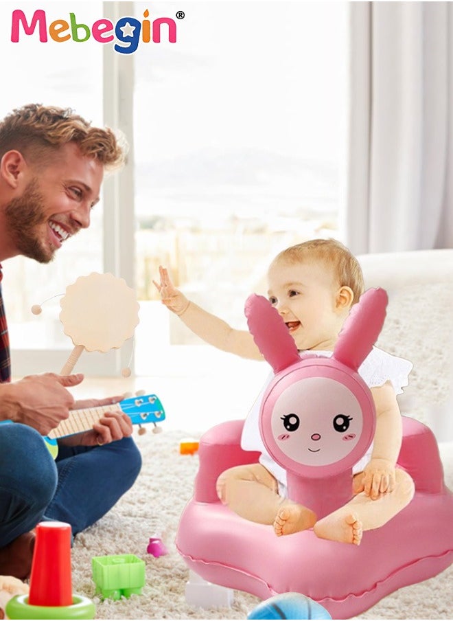 Inflatable Baby Seat with Drum-shaped Rattle, Durable Baby Feeding Chair with Bunny Pattern and Wrap-around Design, Blow Up Baby Chair with Built in Air Pump, Multi-functional Infant Floor Seats for Sitting Up, Feeding, Camping or Bathing