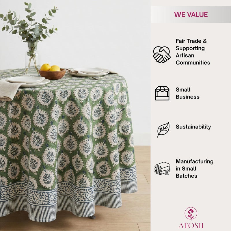 ATOSII Kari Green 100% Cotton Round Boho Spring Summer Tablecloth, Block Print Floral Table Cloth Linen for Dining, Parties, Weddings, OutdoorsI Home Table Decor 72" Inches Round - Image 4