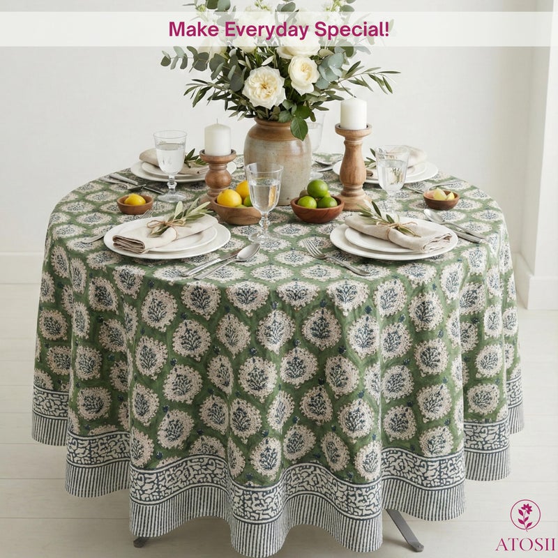 ATOSII Kari Green 100% Cotton Round Boho Spring Summer Tablecloth, Block Print Floral Table Cloth Linen for Dining, Parties, Weddings, OutdoorsI Home Table Decor 72" Inches Round - Image 5