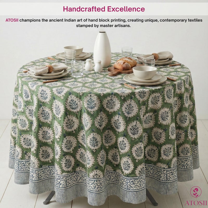 ATOSII Kari Green 100% Cotton Round Boho Spring Summer Tablecloth, Block Print Floral Table Cloth Linen for Dining, Parties, Weddings, OutdoorsI Home Table Decor 72" Inches Round - Image 3