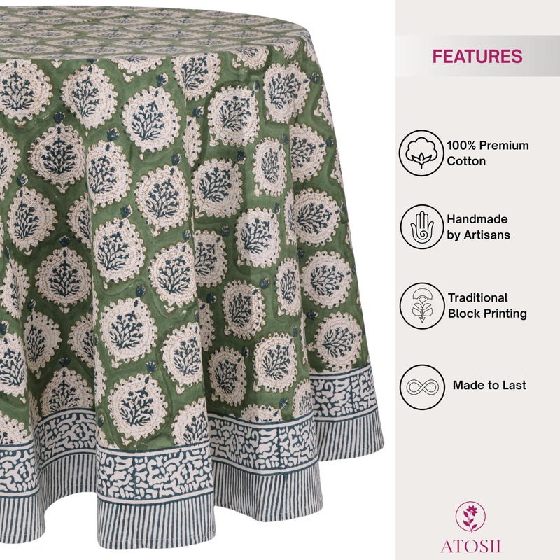 ATOSII Kari Green 100% Cotton Round Boho Spring Summer Tablecloth, Block Print Floral Table Cloth Linen for Dining, Parties, Weddings, OutdoorsI Home Table Decor 72" Inches Round - Image 2