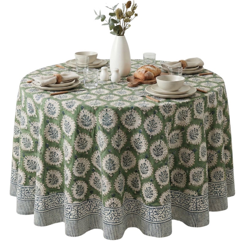 ATOSII Kari Green 100% Cotton Round Boho Spring Summer Tablecloth, Block Print Floral Table Cloth Linen for Dining, Parties, Weddings, OutdoorsI Home Table Decor 72" Inches Round - Image 1