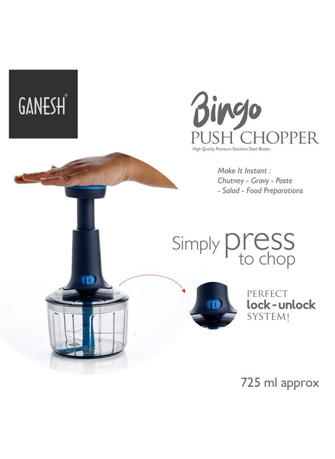 GANESH - GANESH Manual Hand Press Bingo Push Chopper with 3 Blades for Effortless Chopping Vegetables & Fruits (Assorted, 725 ml, Plastic) - Image 1