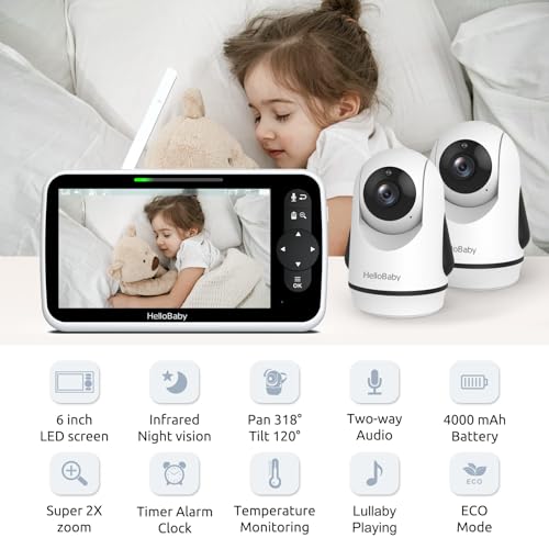 HelloBaby Video Baby Monitor with Upgraded 6 IPS Large Screen Split Screen with 2 Cameras Night Vision and Temprature Monitoring Remote PanTiltZoom Camera NoWiFi - Image 3