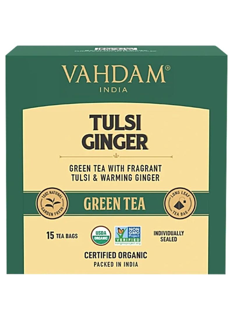Vahdam Tulsi Ginger Green Tea 15 Teabags (30g) - Image 1