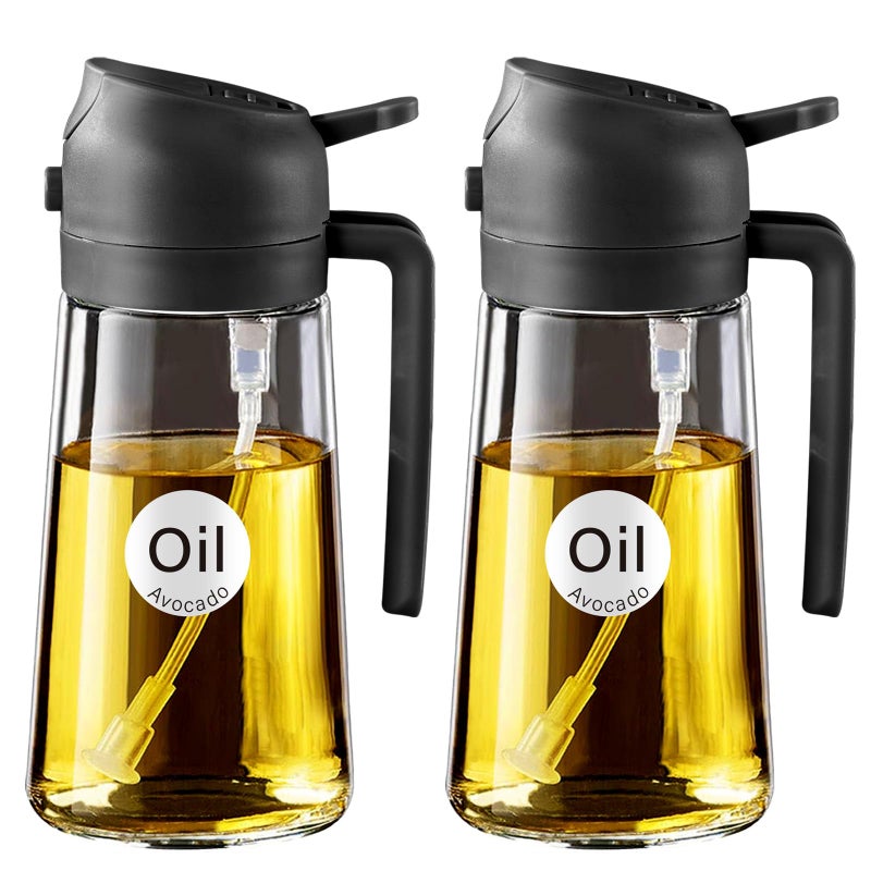 ‎YARRAMATE YARRAMATE 2Pcs 16oz/470ml Olive Oil Dispenser, Food-grade 2 in 1 Oil Glass Sprayer for Cooking, Kitchen, Air Fryer, Salad, Frying, BBQ (Black) - Image 1